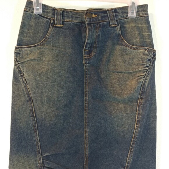 Vintage Cache Ruched Knee Length Denim Jean Skirt Sz 0 - Picture 11 of 13